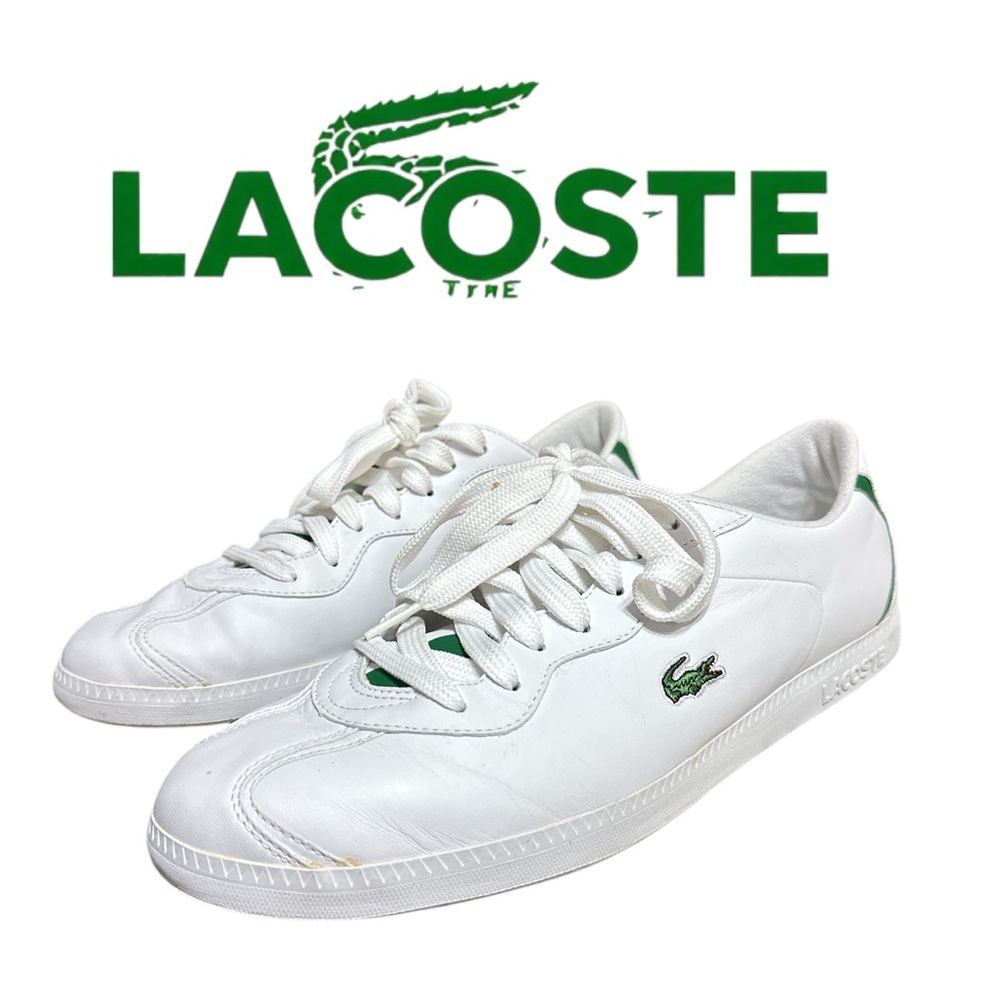 181. 🐊Lacoste White lace up Sneakers with Green Details mens size 12